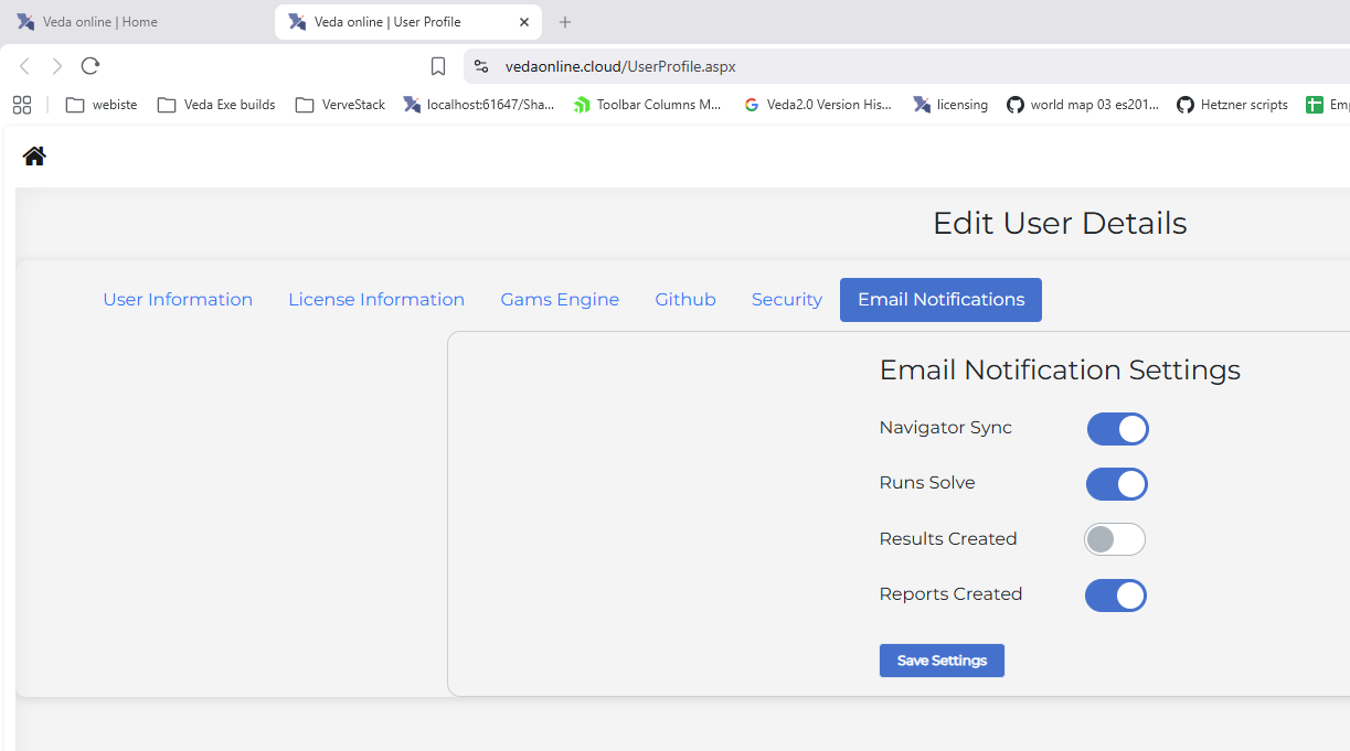 Email notification settings in the User Profile